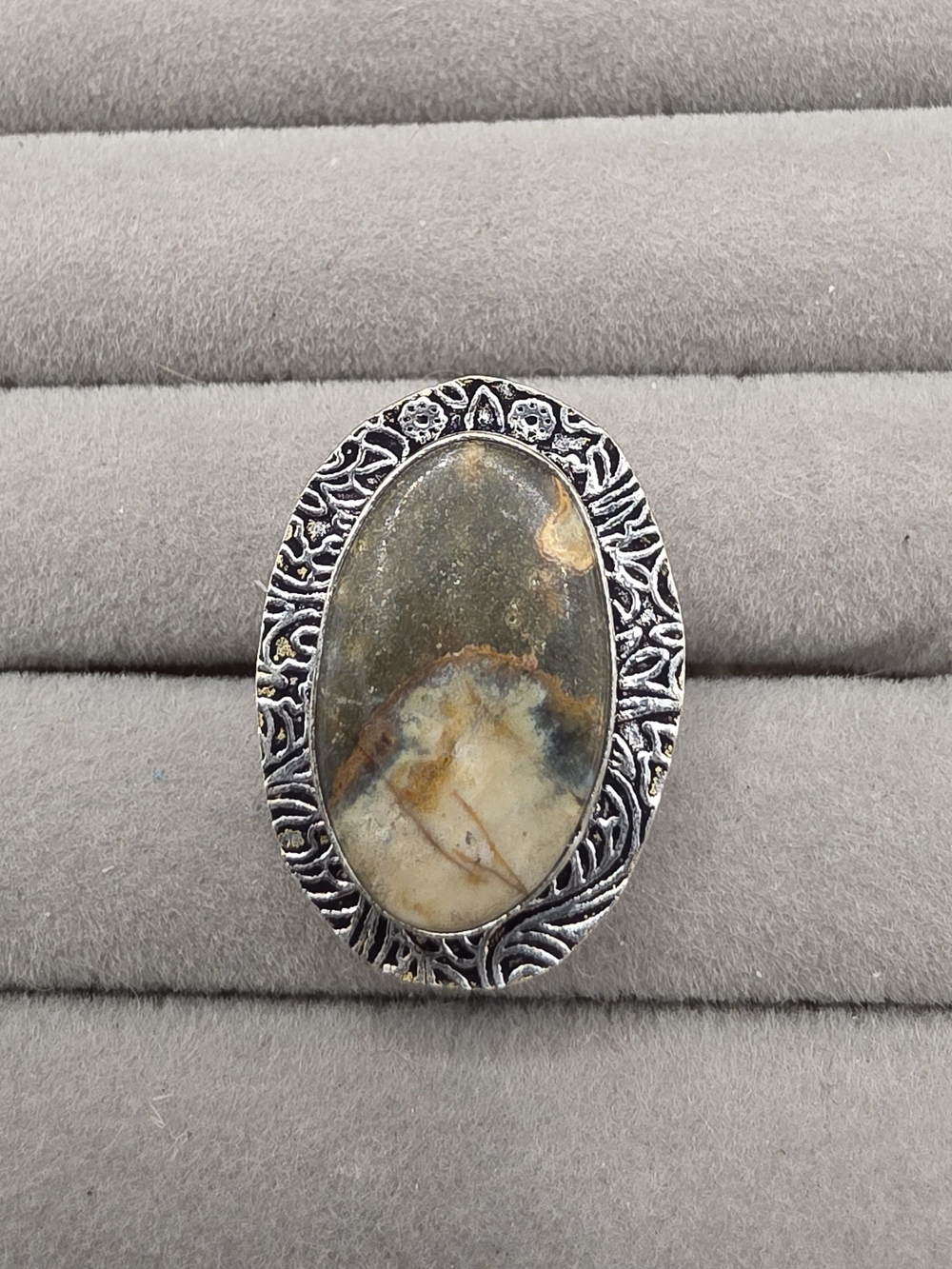 Silver Plated Oval Jasper Statement Ring Size 6 in Green and Brown